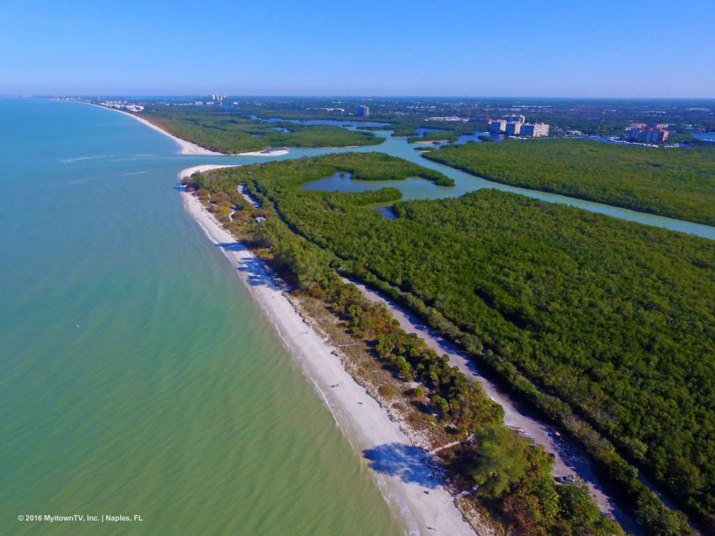 Aerial  view of the beach at Delnor-Wiggins Pass State Park in Naples, FL